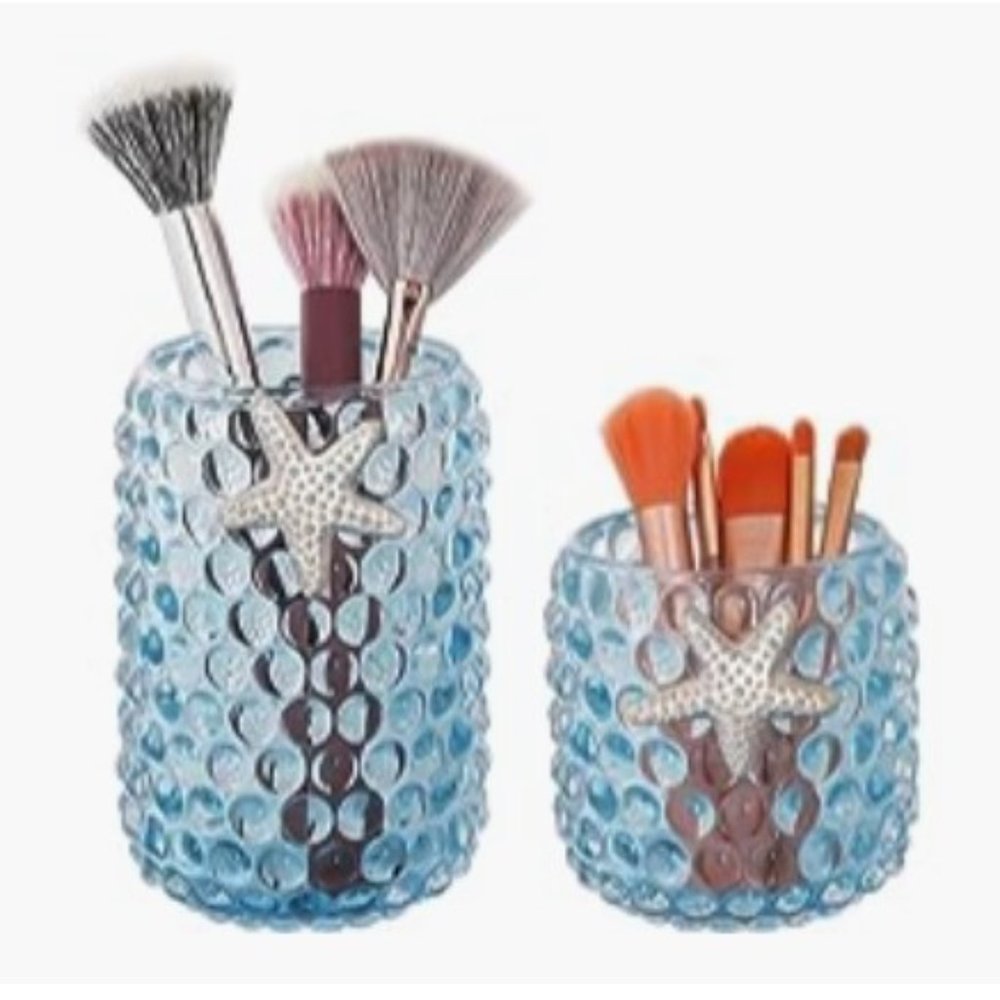 2 pc / 2 sizes - Glass Make-up Brush Organizer / Vases  (Blue w/ Starfish)